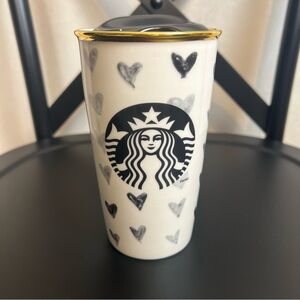 Starbucks 2014 Tumbler Ceramic Travel Coffee Mug Gold Rim Black Gray Hearts 12oz